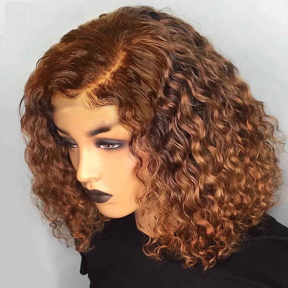 13x4 Lace Deep Wave Bob Wig Lace Front Double Drawn Brown Curly Human Hair Wig Short Remy Hair 4# Bob Straight Wig For Women