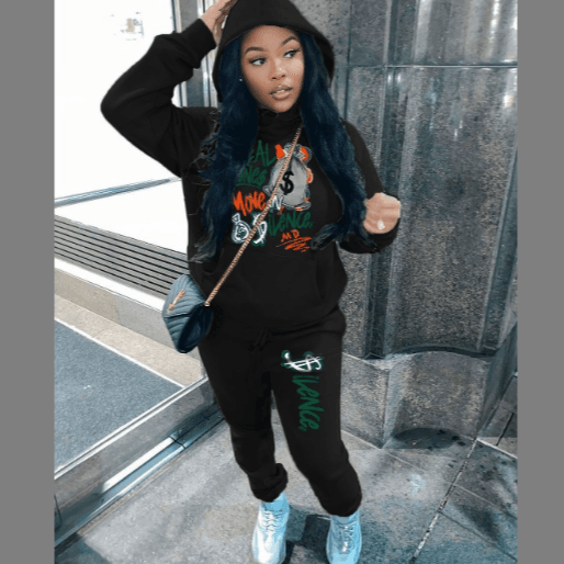 Women plus fleece hoodie two-piece hoodie casual printed sports set