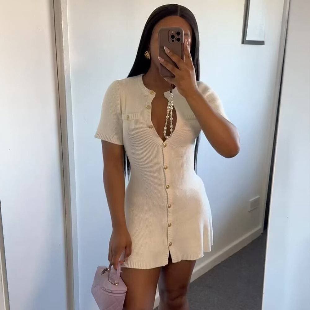 Women's Clothing new fashion round neck single breasted short sleeve slim knitted mini dress
