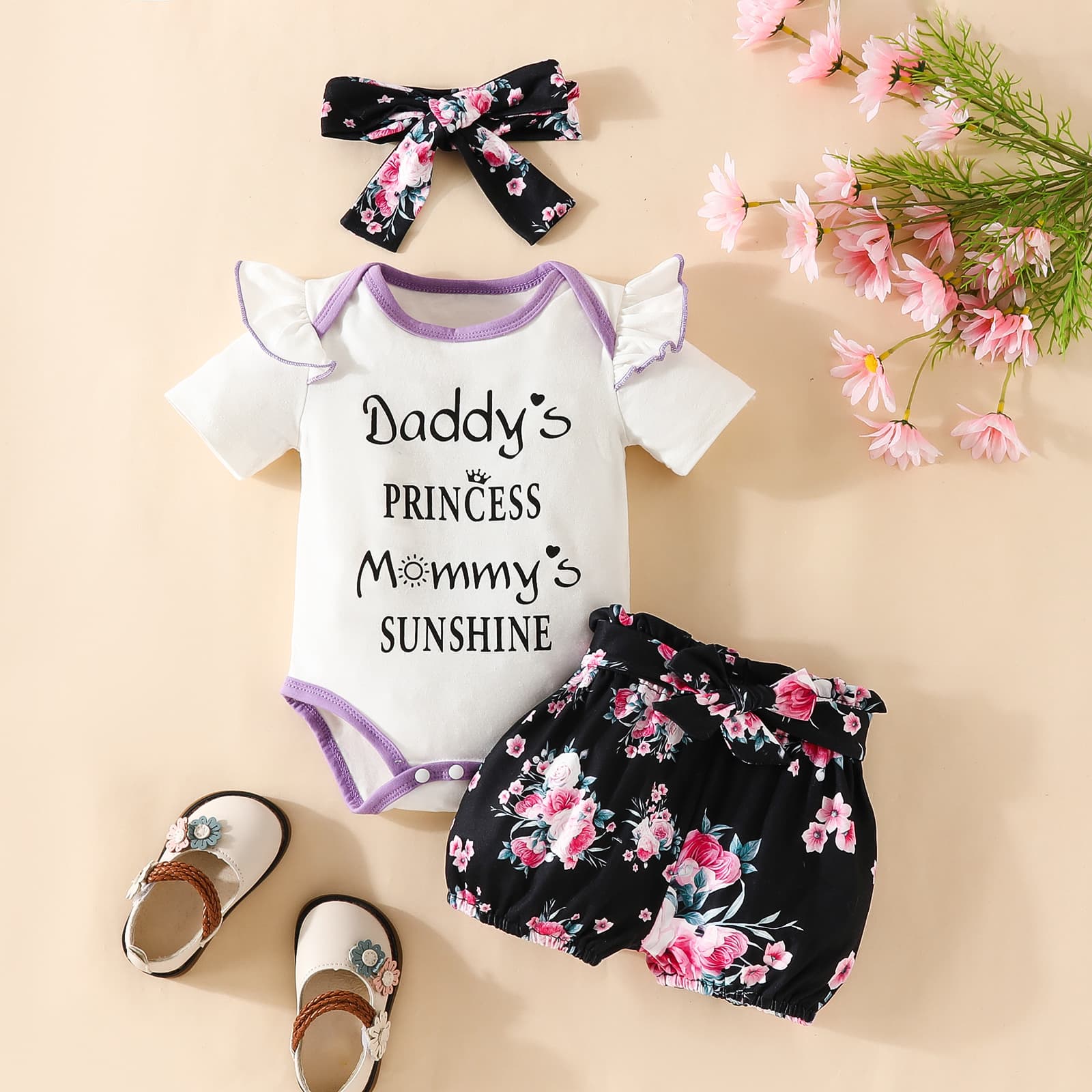Babies' clothes Baby Short Sleeve Triangle Romper Shorts Set Baby Girl Alphabet Summer Tops Belt Flowers Cute Pants