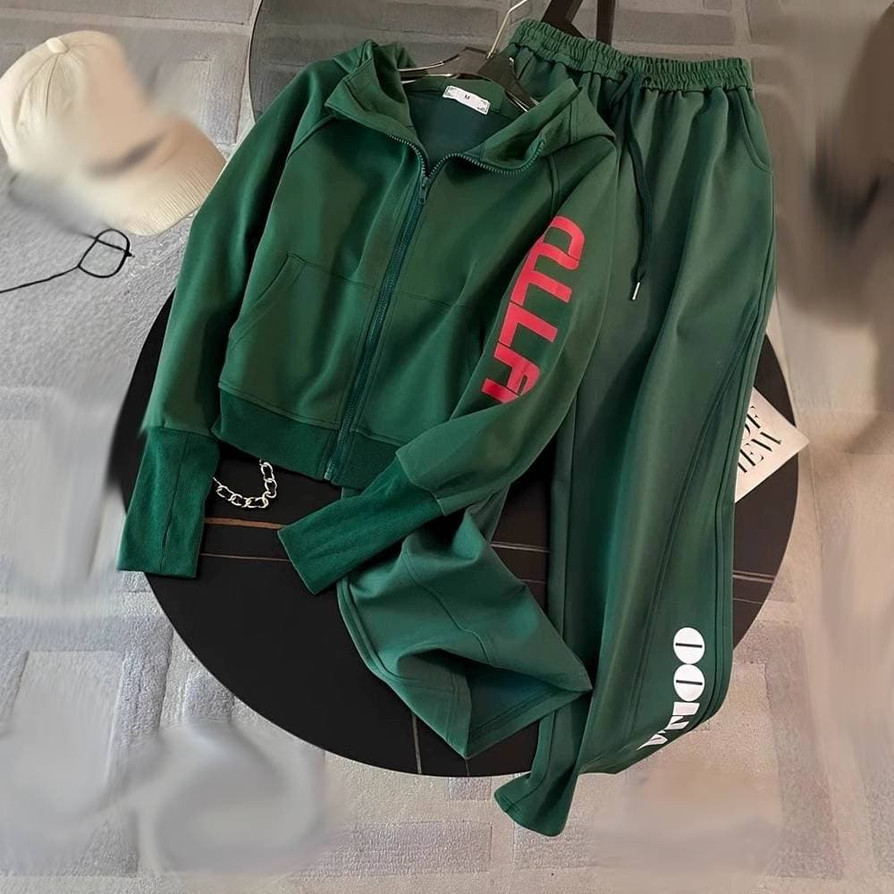 Women's Clothing Green Casual Sports Suit For Women Autumn Trendy Loose Hooded Sweatshirt Wide Leg Pants Two Piece Suit