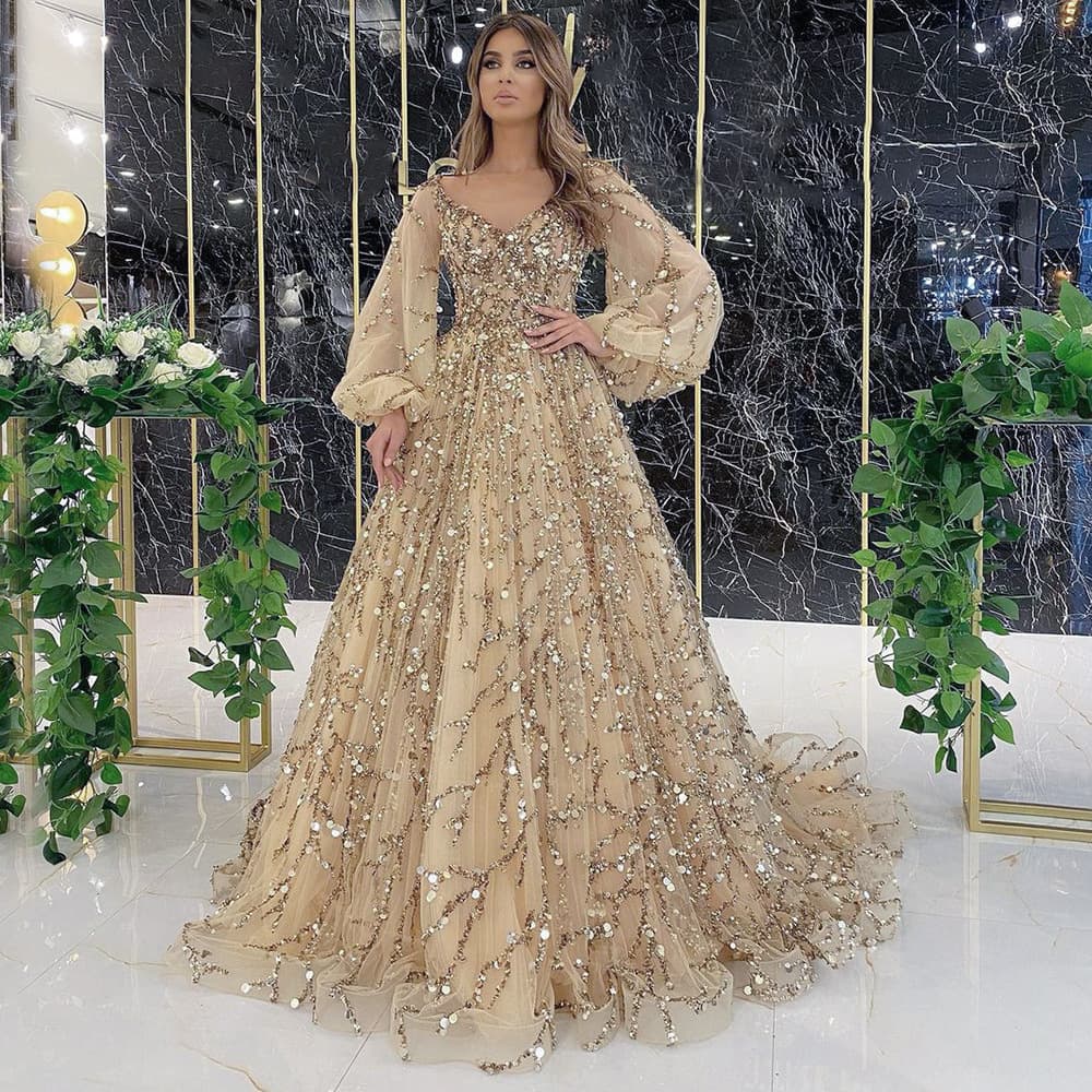 Women's Clothing gold heavy beaded luxury evening dress sexy celebrity aura queen long dress DQ7109