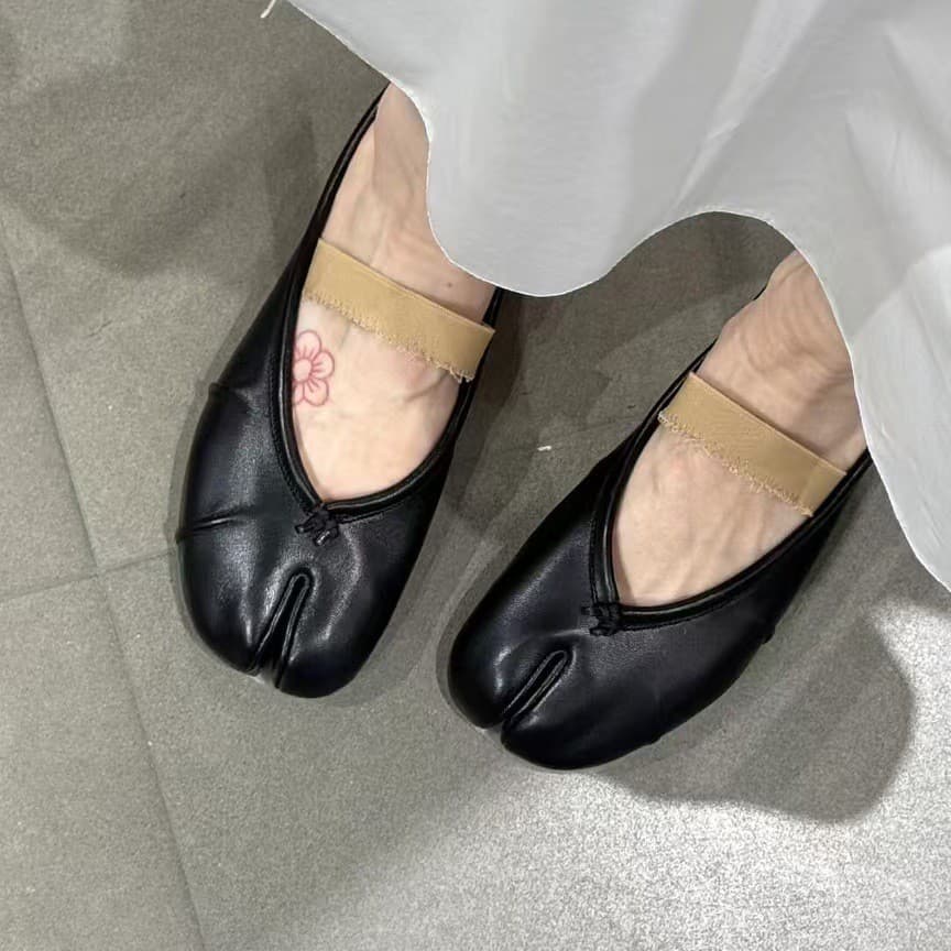 High End Split Toe Horseshoe 2025 New Tabi Elastic Ballet Shoes, Leather Shallow Mouth Flat Sole Shoes For Women