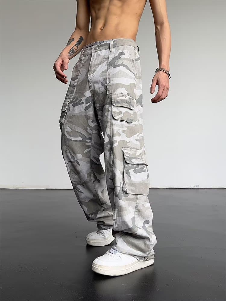 Men's Clothing high street hip hop loose wide leg camouflage casual pants men's straight multi pocket overalls ins trend