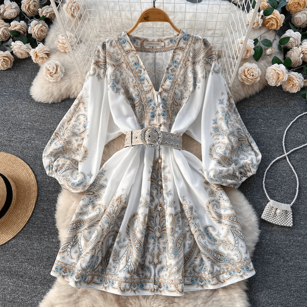 Women's Clothing Print Single Breasted V Neck Lantern Sleeve Waisted Medium Length Dress For Small People