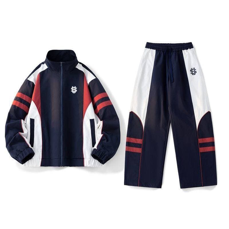 Men's Clothing 25 Autumn And Winter New American Retro Contrast Color Sports Casual Jacket Two-piece Wide-leg Pants