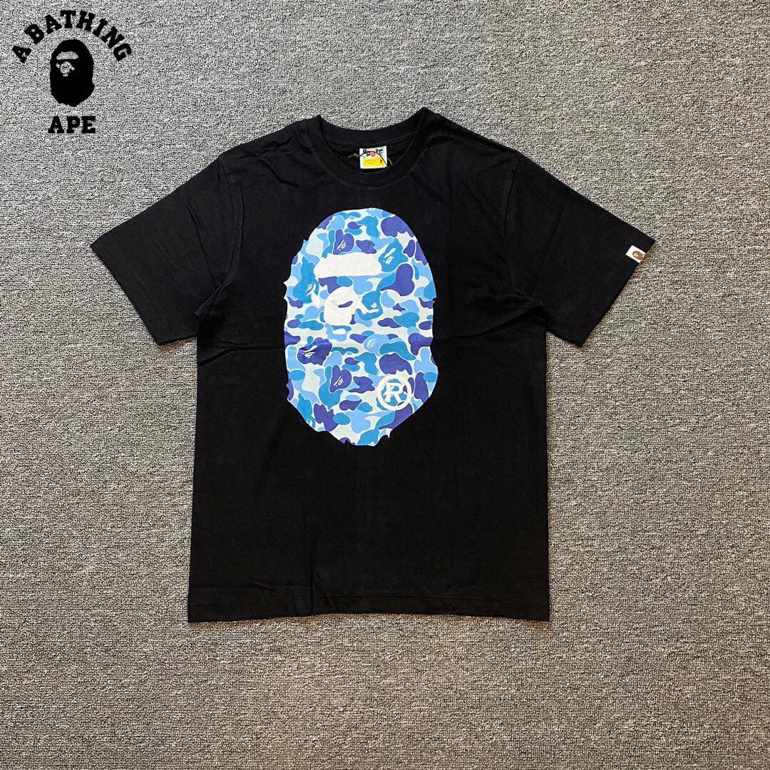 A BATHING APE BAPE-Blue Camouflage Ape Man Logo Double-sided Printed Short Sleeved T-shirt Made Of Pure Cotton Fabric