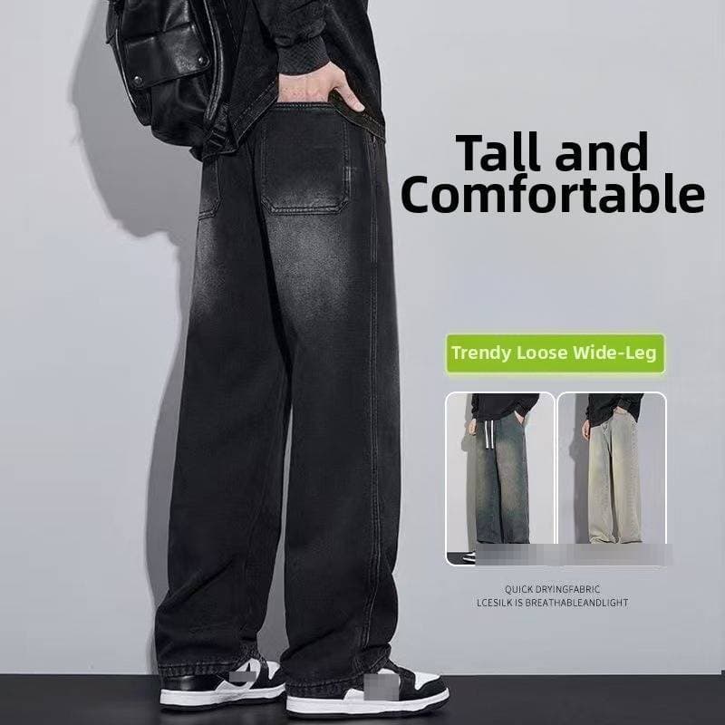 Men's American Heavyweight Washed Denim Jeans High Street Style Summer Straight Leg Slimming Wide Leg Trousers Black Gray Blue