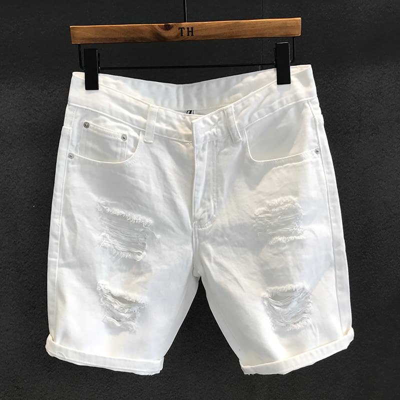 Men's Clothing Version Street Fashion White Ripped Denim Shorts Men's Casual Trend Summer Scratched Beggar Five Points