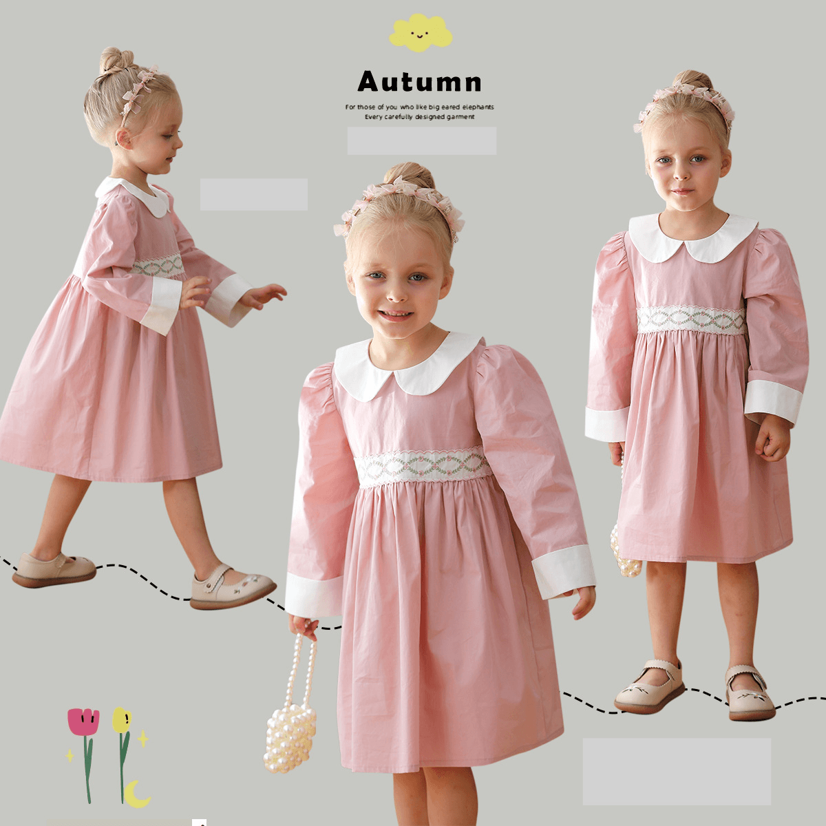 Mother & Kids French rattan flower embroidery doll collar girl dress 2024 autumn style contrast color pure cotton sweet princess dress long sleeve