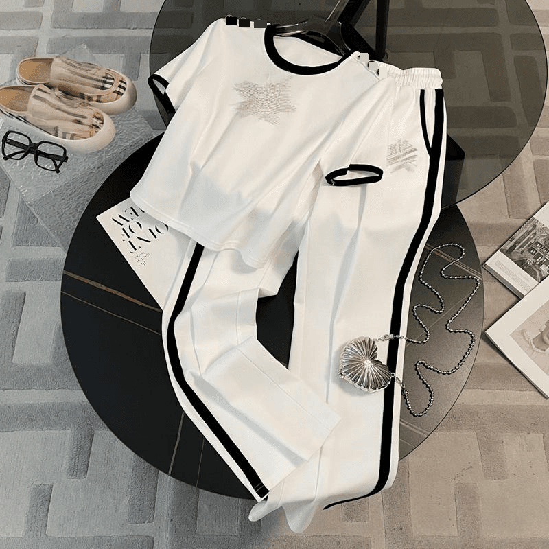 Women's Clothing Casual Sports Fashionable And Slim Short Sleeved High Waisted Straight Pants Two Piece Suit Temperament
