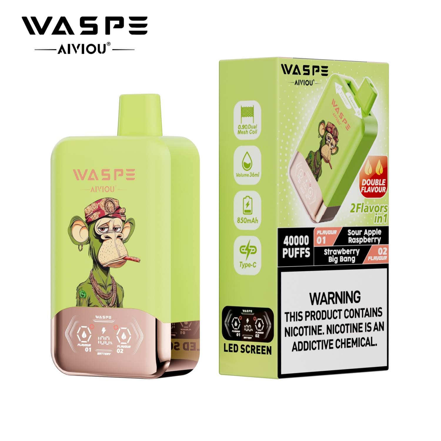 Waspe Double Saveur 40 000 bouffées 40k Entrepôt UE Cigarette électronique jetable 2 en 1 Boîte de bouffées Vapotage avec deux saveurs Double c