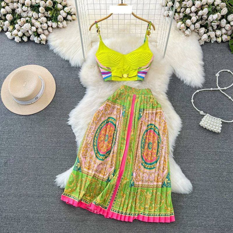 Women's fashion strapless halter vest two-piece high waist slimming A-line printed pleated skirt