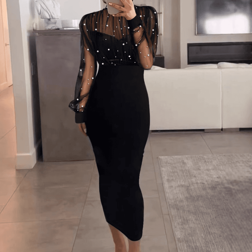 Women's Clothing LZR17368R New women's mesh beaded long sleeved dress