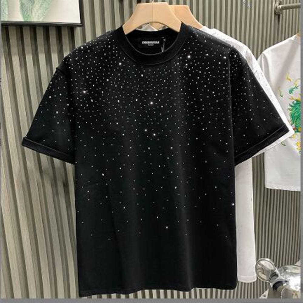 2025 Summer European Fashion Trendy Brand Light Luxury Men's Short Internet Celebrity Niche Hot Diamond High-end Round Neck Half