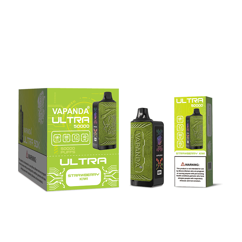 Vapanda Ultra 50k Vape, cigarette électronique jetable de luxe avec écran latéral et cuir, très tendance.