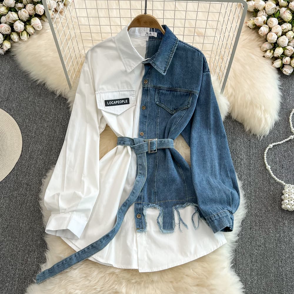 Women's Style Waist-cinched Color-blocked Denim Shirt With Belt For Women Spring New Chic Casual Mid-length Top