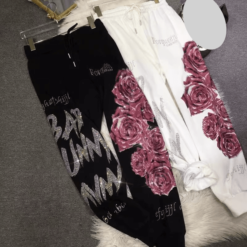 Women's Clothing Hot Diamond Sweatpants Women's Light Luxury Flower High Waist Slimming Leg Sweatpants