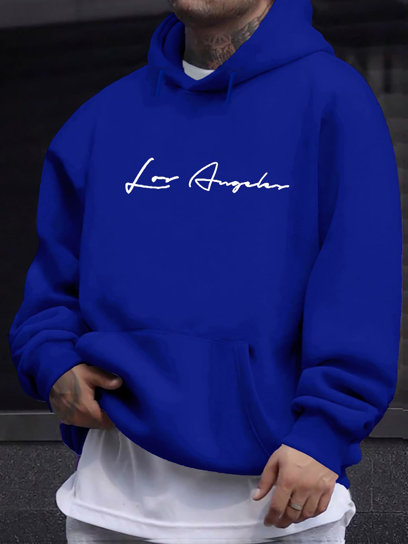 Men's Autumn And Winter Casual Fashionable Loose Hooded Sweatshirt, Simple Los Angeles LA Letter Printed Warm Long Sleeved Pullover