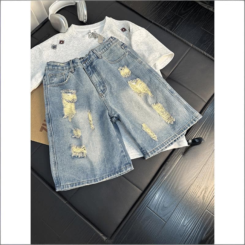 Men's Clothing Men's Style Straight Leg Cargo Shorts Thin Loose Fit Trendy Brand Patchwork Jeans Summer Style Five Point Pants