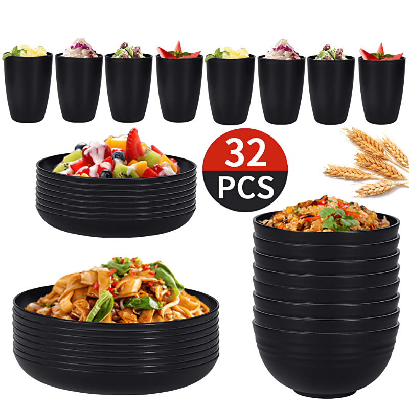 Wheat Straw Black Bowls, Plates, Water Cups For 8 People Outdoor Picnic Knife, Fork And Spoon Portable Tableware Set