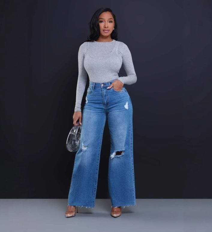 ​​Women’s High-Waisted Ripped Wide-Leg Jeans – Straight Cut Distressed Denim Pants (Dark Blue/Light Blue, Sizes S-XXL, Comfort Stretch)​​