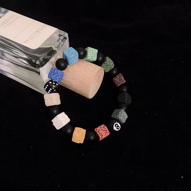 Black Eight Dice Volcanic Stone Bracelet Men's High End Bracelet Women's Adjustable Hand Jewelry