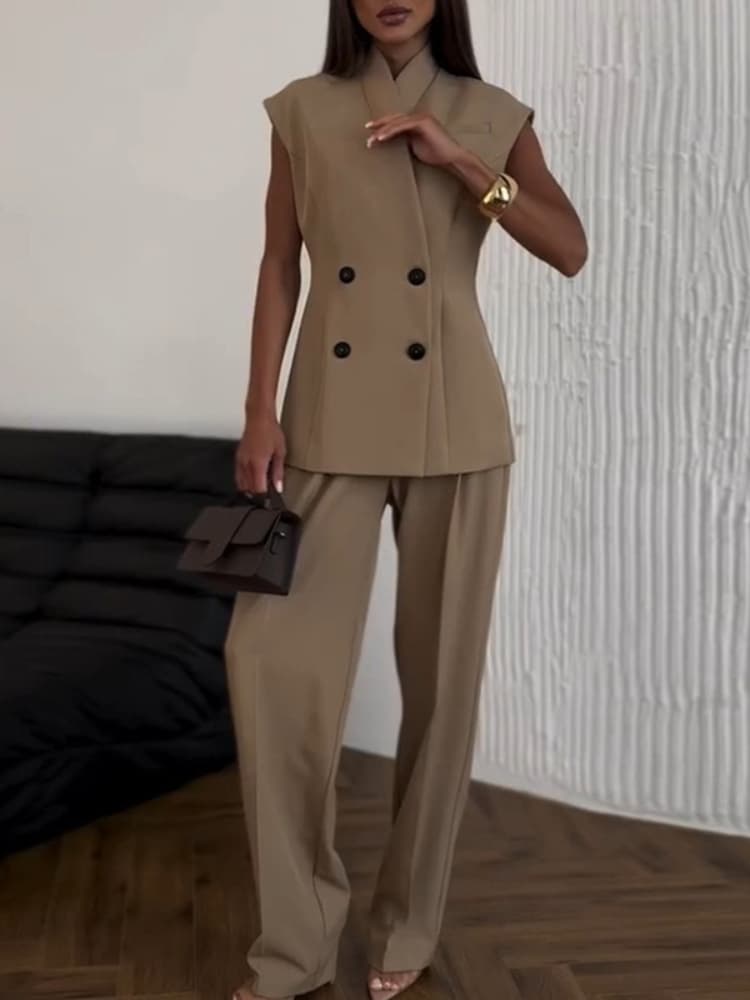 K Women's New Style Temperament Double Breasted Waisted Vest Top High Waisted Pants Set. No Accessories