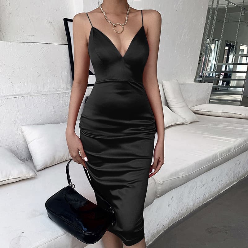 Women's Clothing Sexy V Neck Satin Suspender Dress Slim One Step Skirt