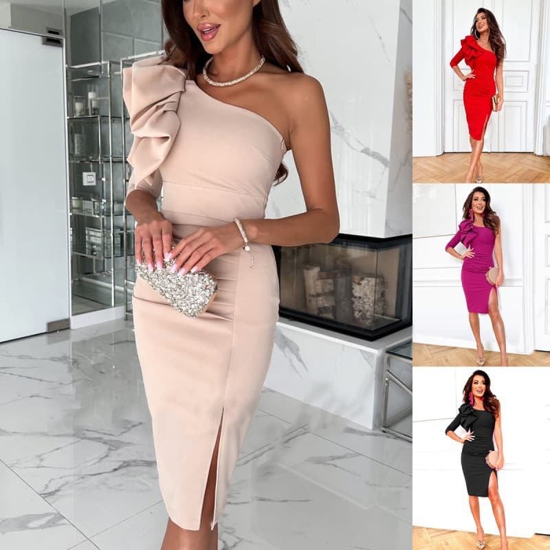 Women's Waist One-sleeved Slit Dress Slim-fit MIDI Skirt