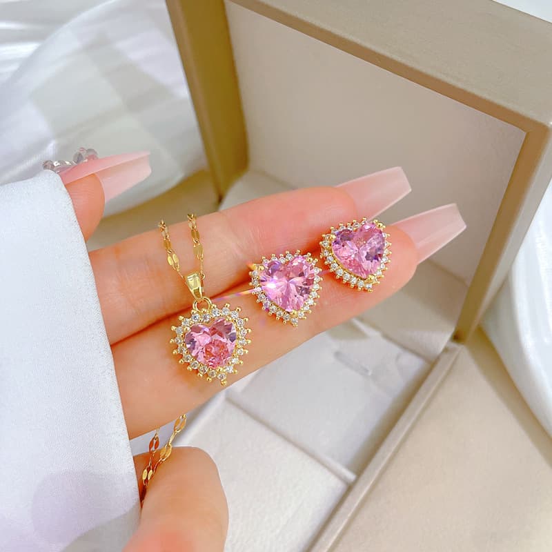 316L Stainless Steel Pink Heart Crystal Pendant Necklace Earrings For Women Girl New Trendy Jewelry Set Gift Party