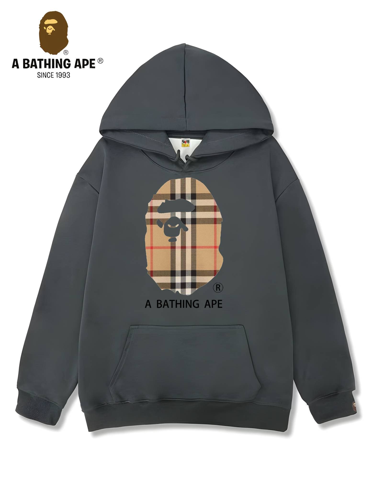 Sweat à capuche unisexe imprimé tête de singe à rayures et logo imprimé, collaboration BAPE-BAPE&BURBERRY