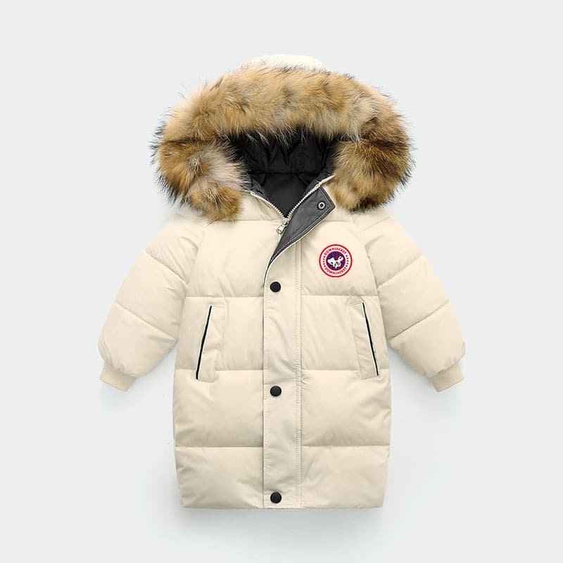 Kids' China Map Hooded Puffer Coat - Long-Length Winter Jacket With Detachable Faux Fur Trim, Thickened Windproof Outerwear