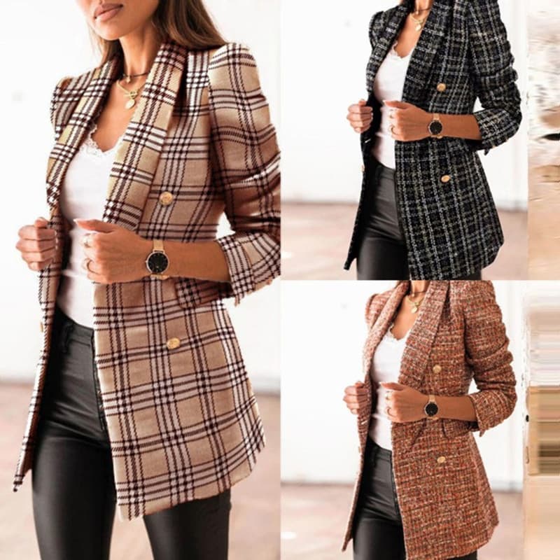 2023 new autumn and winter long-sleeved double-breasted plaid suit