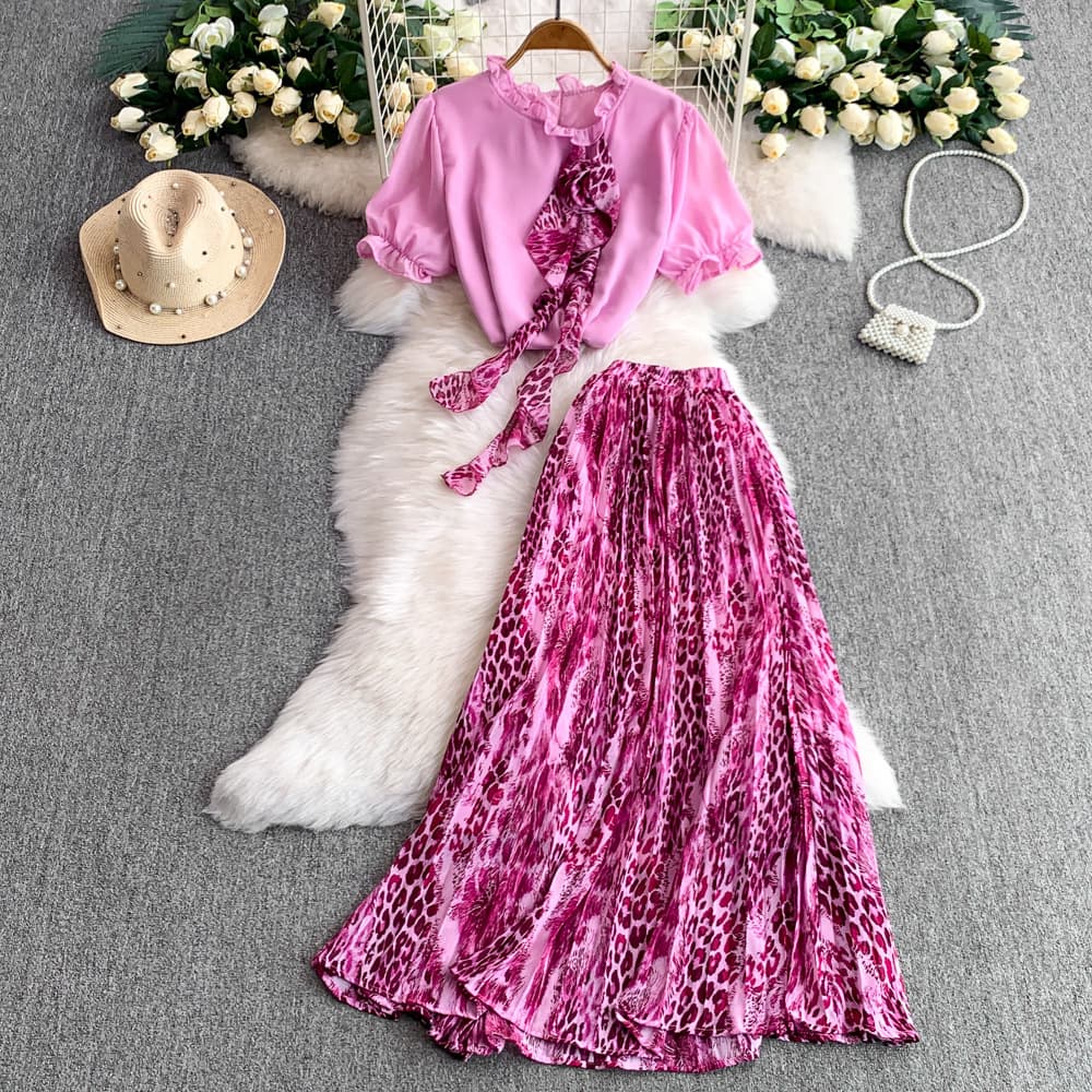 Women's Clothing Retro Temperament Three Dimensional Flower Round Neck Puff Sleeve Top High Waist Slim Leopard Print Skirt Two Piece Set