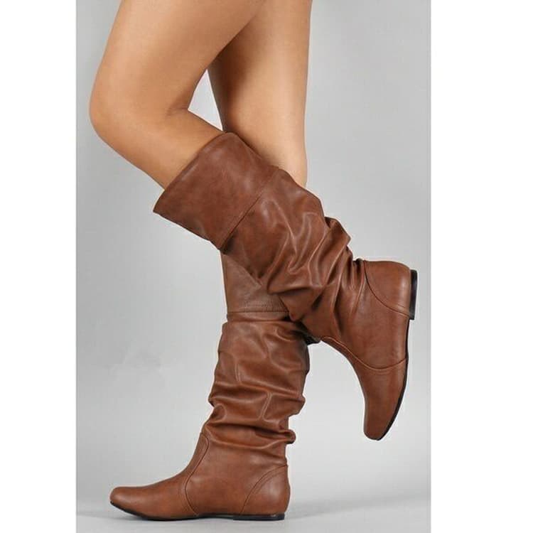 Flat Long Boots For Women Autumn And Winter New Internal Increase Pu Leather Round Head Set Foot Slimming Female Boots