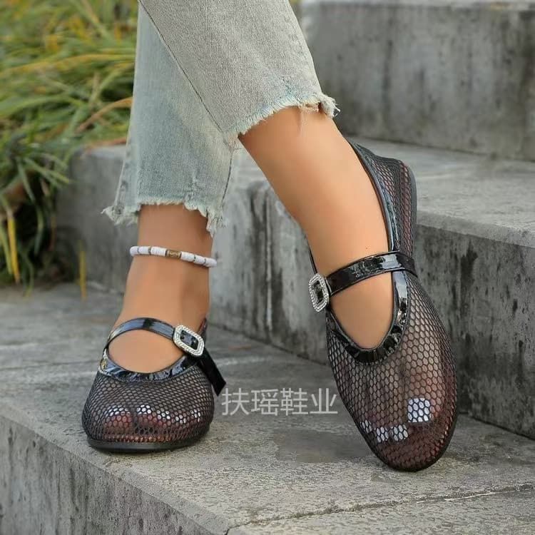 Foreign Trade Large Size Rhinestone Buckle Hollow Ballet Flat Fashion European And American Spring Autumn Summer Round