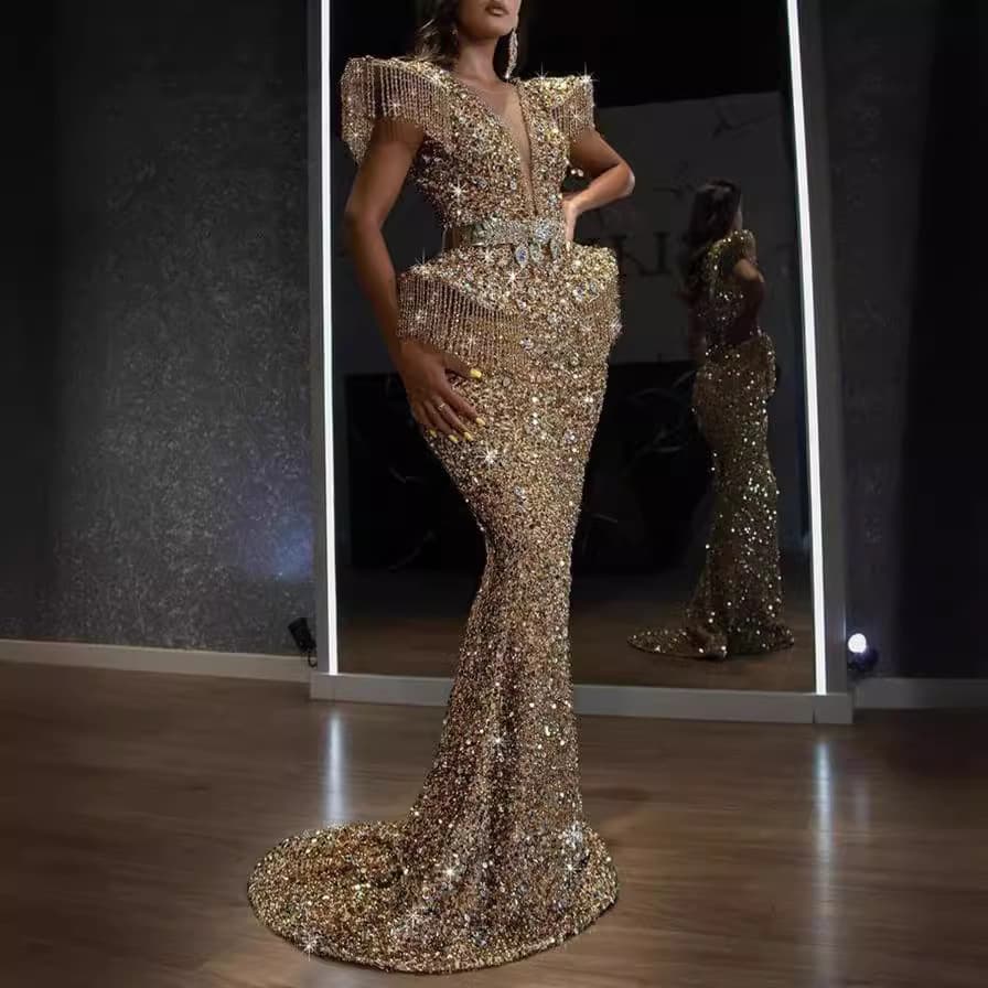 2025 Women's Sexy Sequined Fringed Trailing Banquet Dress Hip Dress Party Evening Celebrity Luxury Dresses Model (No Belt)