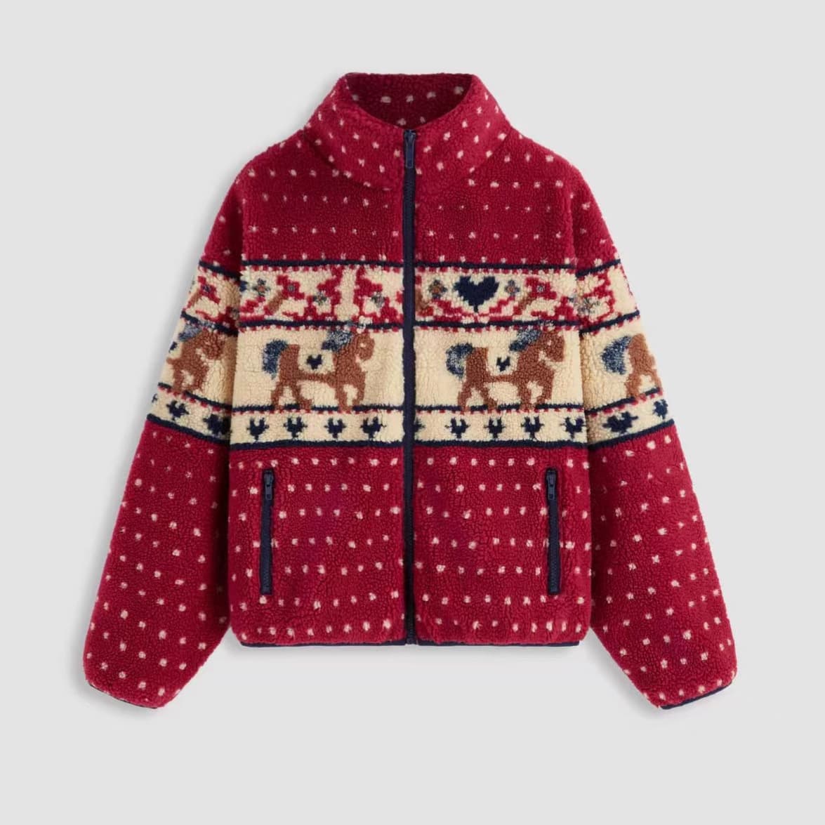 Winter Cozy Plaid Wool Coat With Reindeer & Snowflake Print – Long Sleeve Zip-Up Jacket, Oversized Pocketed Outerwear For Women (Red, Blue)