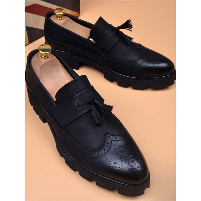 Euro Step New Brogue Carved Thick Sole Platform Breathable Tassel Trendy Leather Business Casual Height Increasing Men S