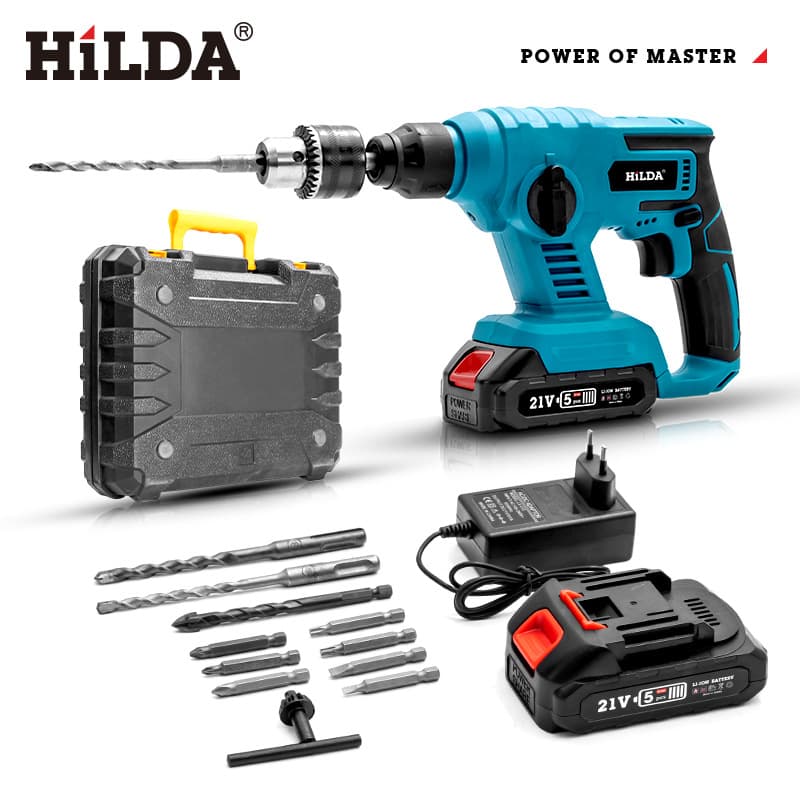 HILDA Cordless Hammer Drill With Lithium Battery - 15J Impact Force, 4500 BPM, 4-Pole Chuck, For Concrete/Wood/Metal Drilling