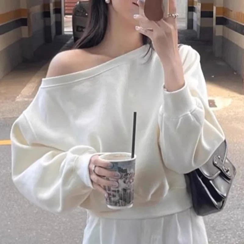 Women's Clothing Thin Solid Color Bottoming Shirt Temperament One Shoulder Off Shoulder Loose Casual Tops Female Short Long Sleeved Sweater For Women