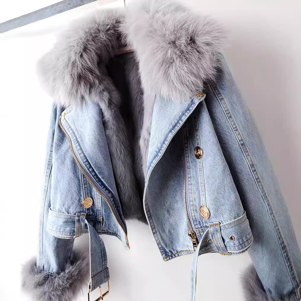 New Women's Fashion Denim Thick Cotton-padded Jacket With Fox Fur Collar And Rabbit Fur Lining