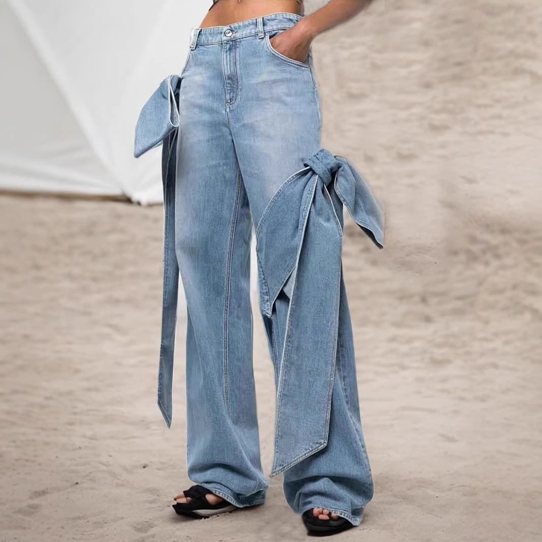 Women's High Waist Patch Pocket Jeans With Bow Tie Detail - Street Style Wide Leg Pants In Solid Blue​