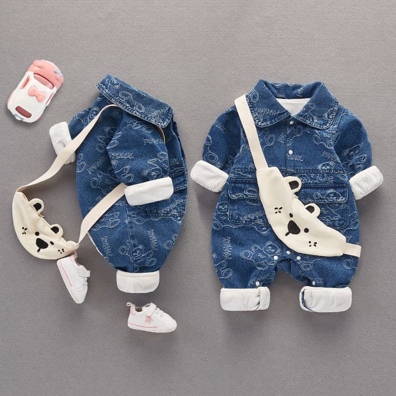 Mother & Kids Internet celebrity full month baby clothes spring clothes denim jumpsuit baby boy romper stylish spring outing clothes