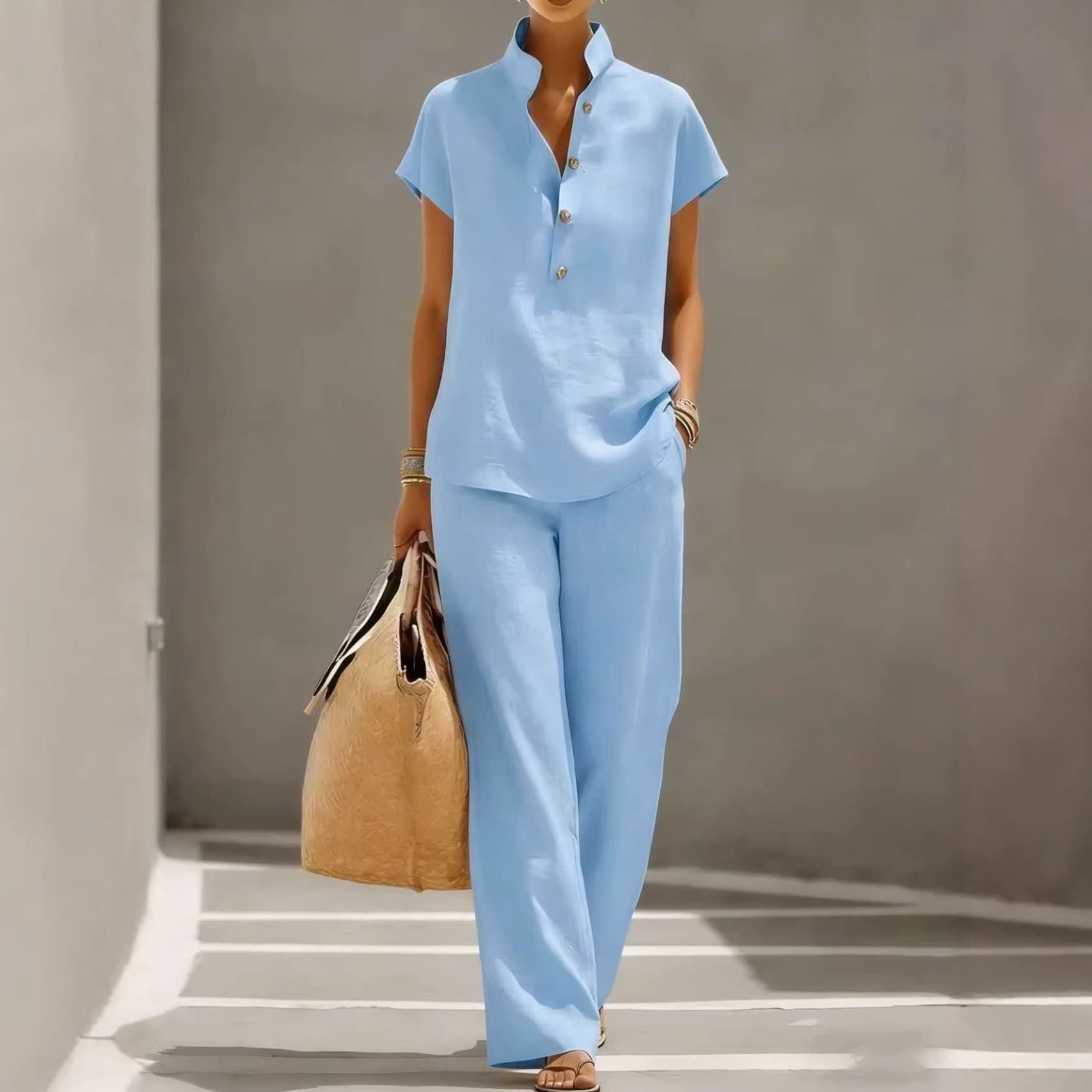 Women's Casual Short Sleeve Cardigan And Trousers Set Solid Color Lazy Style Clothing