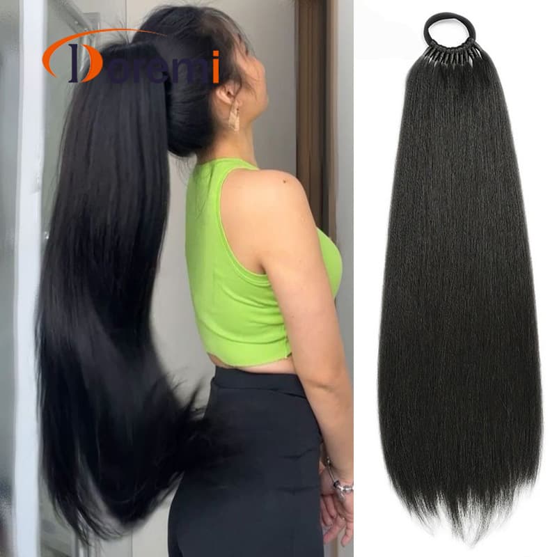 Unisex ponytail long straight hair rubber band wrapped hair bundle chemical fiber synthetic ponytail wig ponytail