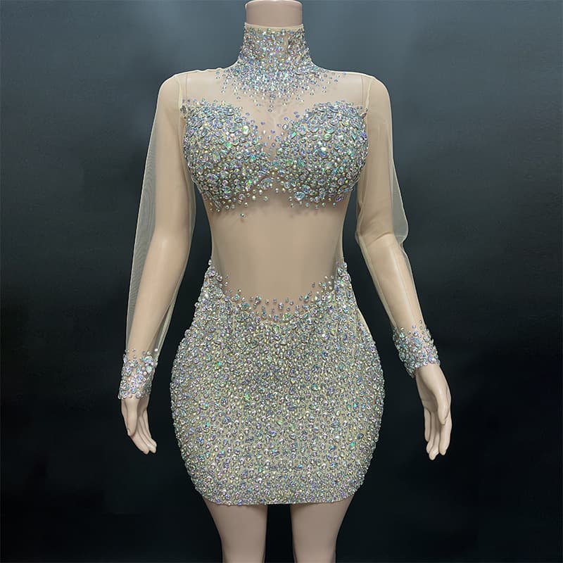 Women's Clothing Apricot Diamond Sexy See Through Mesh Mid Neck Zippered Slim Short Dress