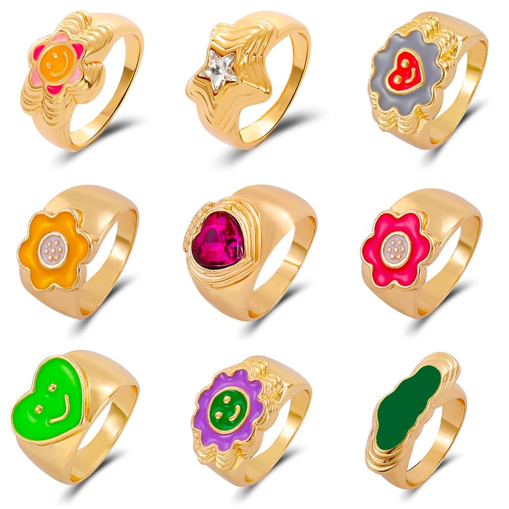 ins Simple New Love Smiley Flower Ring Fashion Cute Geometric Expression Ring Accessories