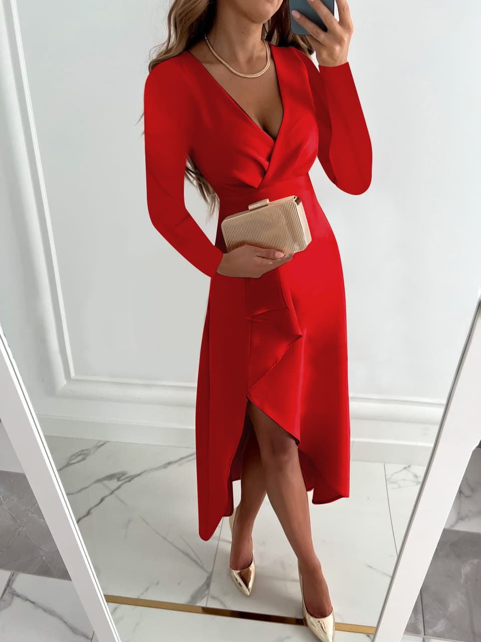 Women's autumn and winter long-sleeved V-neck pleated hem slit dress for women